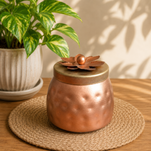 Elegant copper finish dry fruit jar with airtight lid for gifting and storage