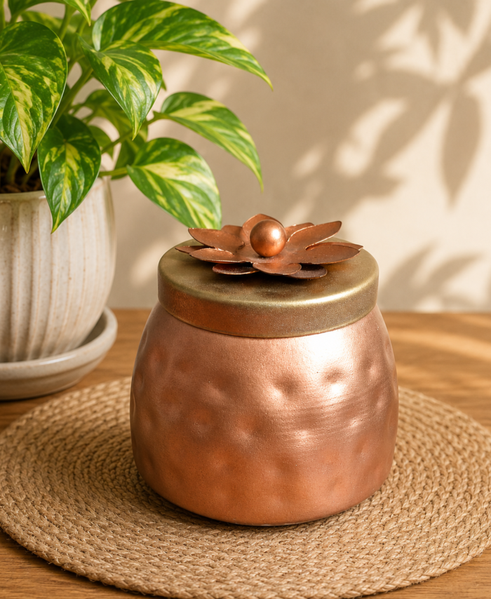 Elegant copper finish dry fruit jar with airtight lid for gifting and storage
