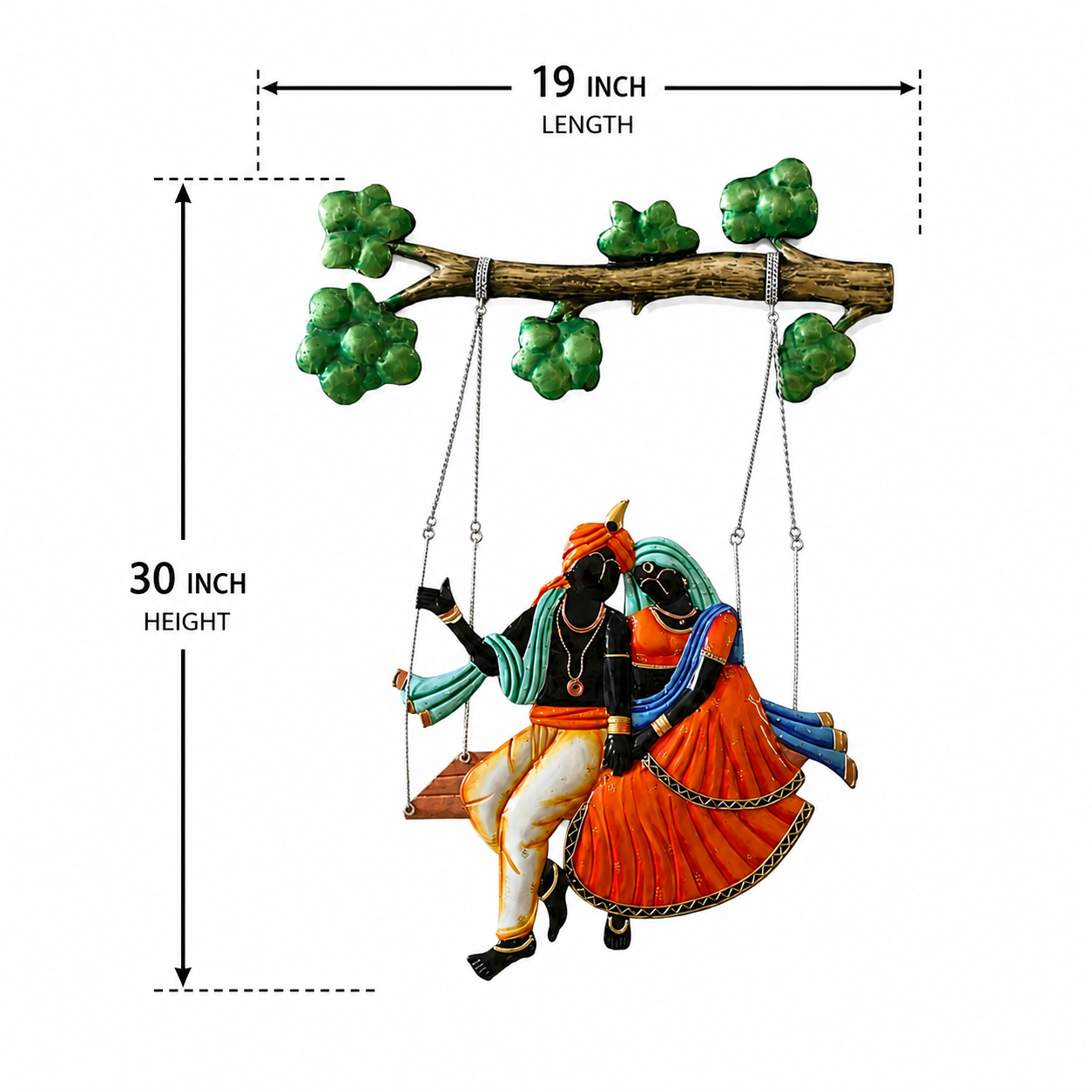 Metal wall hanging of Radha Krishna on jhula under tree branch – spiritual home decor