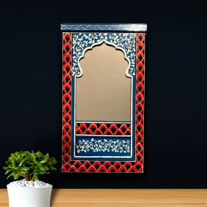 Hand-painted wooden wall mirror with vintage Mehrab arch and floral design