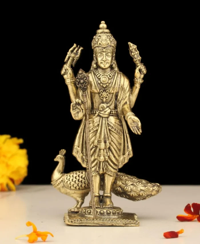 Premium brass Lord Murugan statue with peacock in golden finish for pooja, home décor, and gifting