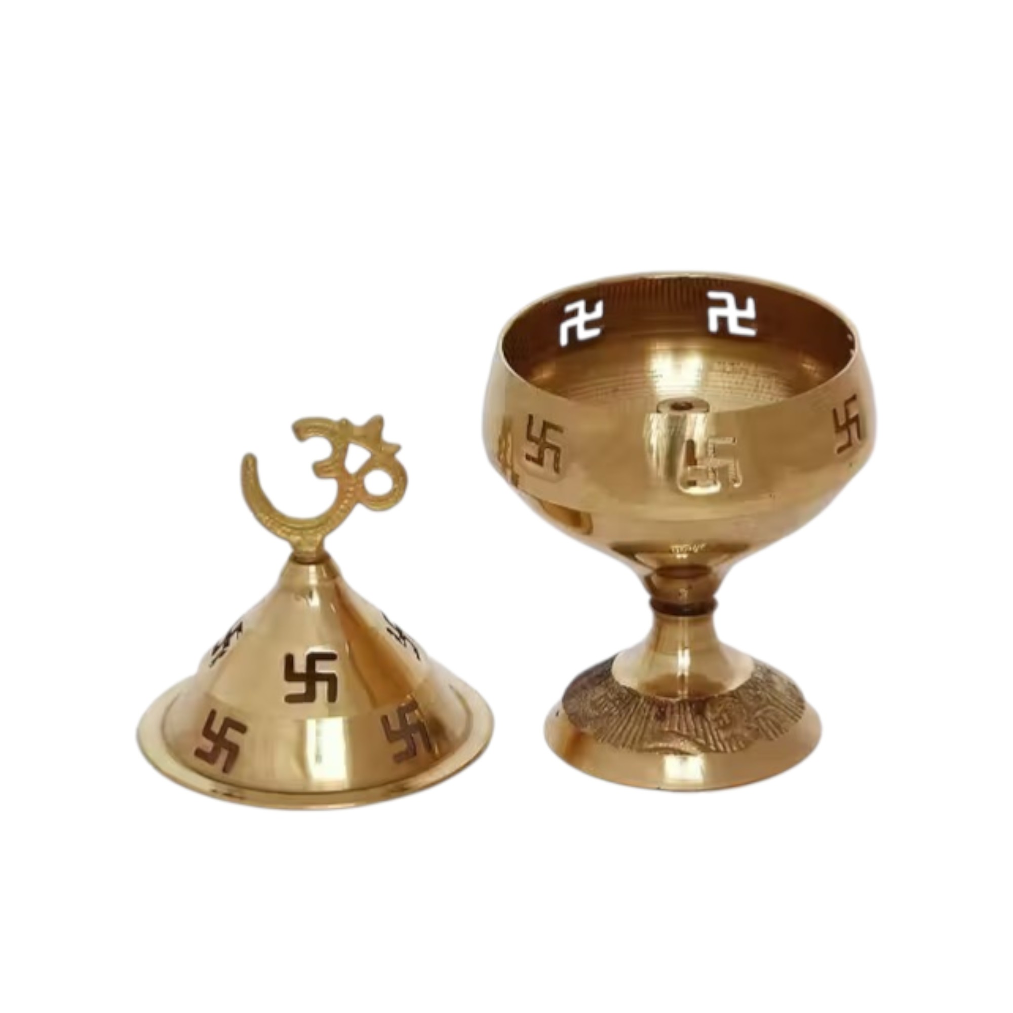 Brass Folding Diya with Om Swastik Design and Open Cap for Puja