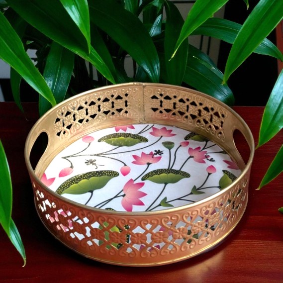 Pichwai Printed Metal Tray with Floral Design in White for Serving and Décor