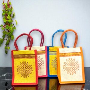 Traditional kolam printed eco-friendly jute bag for return gifts and shopping