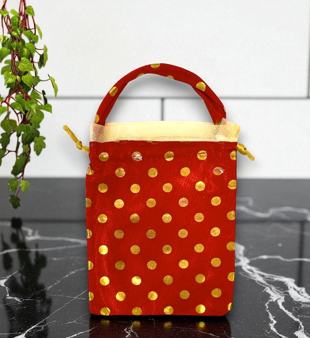Red Return Gift Bag with Golden Dots – Ideal for Weddings and Baby Showers