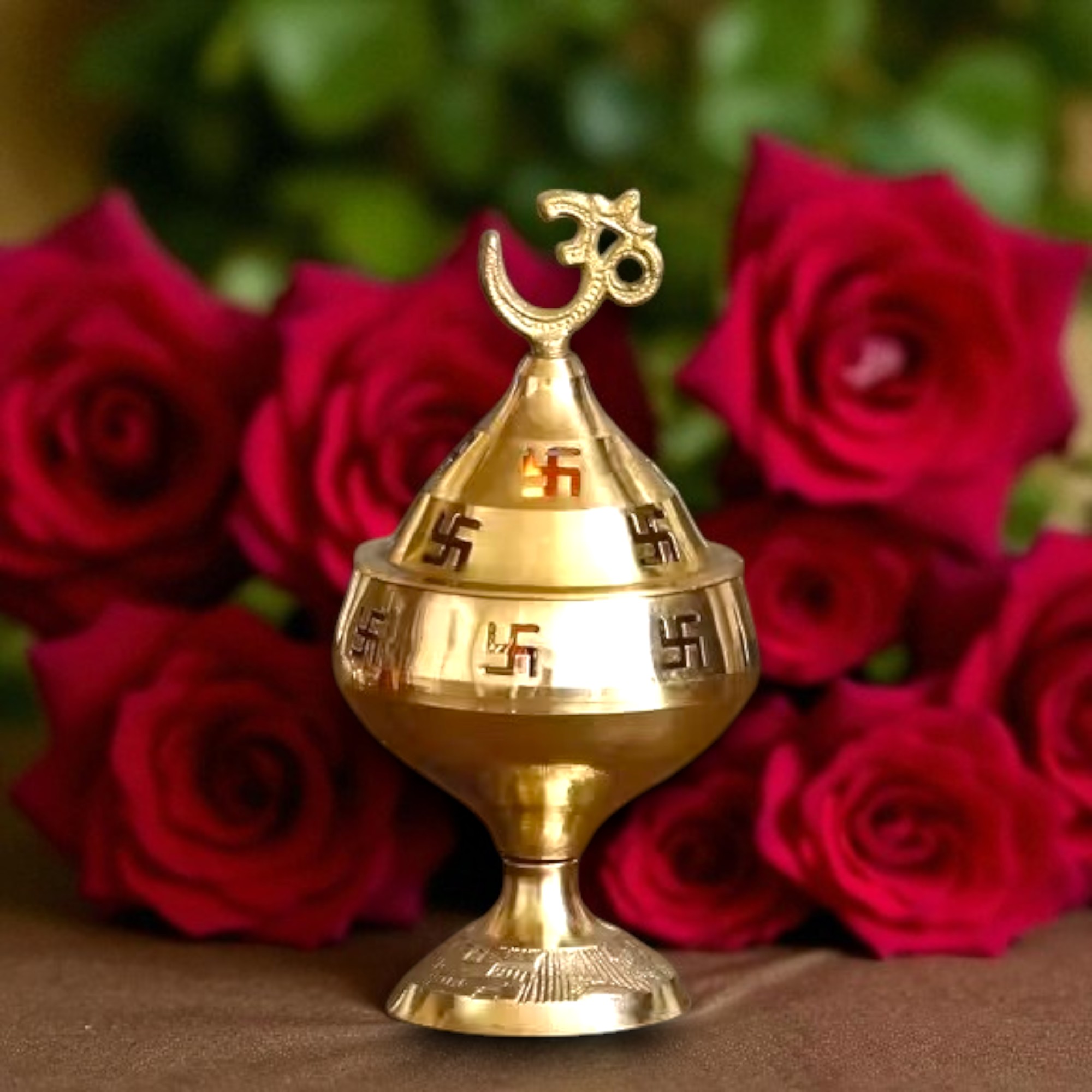 Brass Folding Diya with Om Swastik Design and Open Cap for Puja