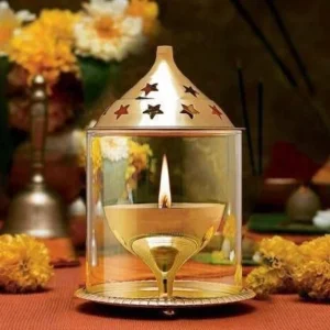 Cow Akhand Jyot Decorative Brass Pooja Diya with Borosilicate Glass Cover for Temple and Home