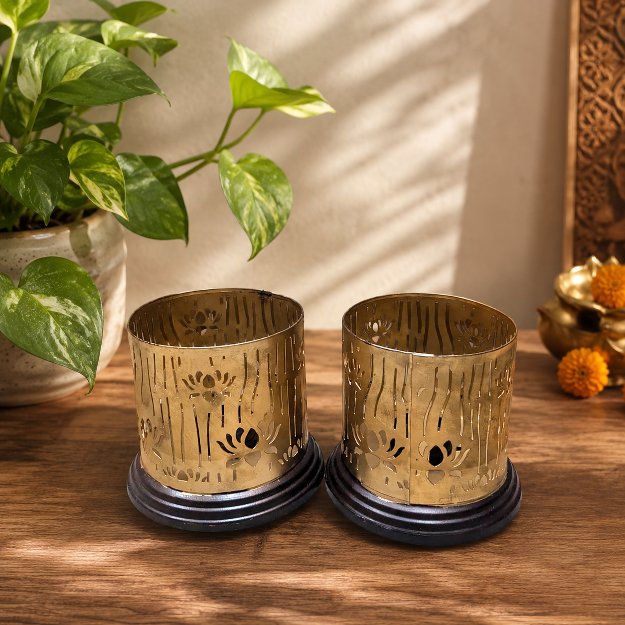Set of 2 Decorative Tea Light Holders with Intricate Cutwork for Home & Festive Décor