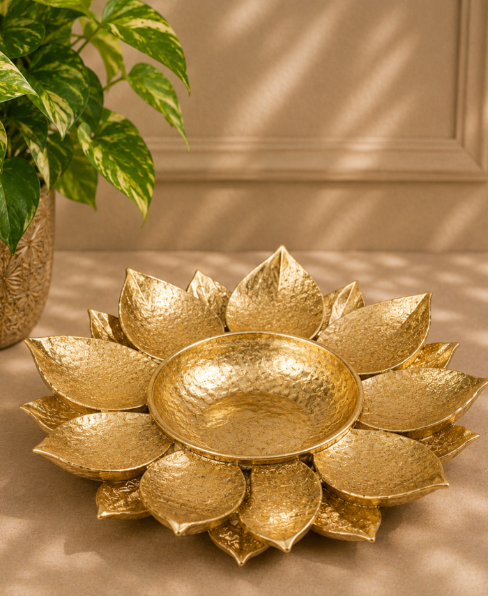 10 Inch Antique Gold Metal Urli Bowl for Floating Flowers and Candles