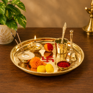 10 Inch Pooja Thali Set with Diya, Bell, Agarbatti Holder and Panchamrut Bowls