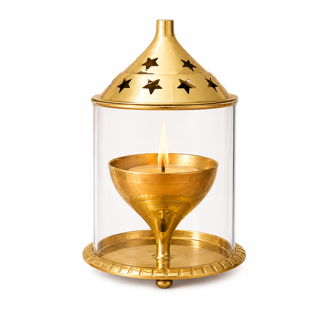 Cow Akhand Jyot Decorative Brass Pooja Diya with Borosilicate Glass Cover for Temple and Home