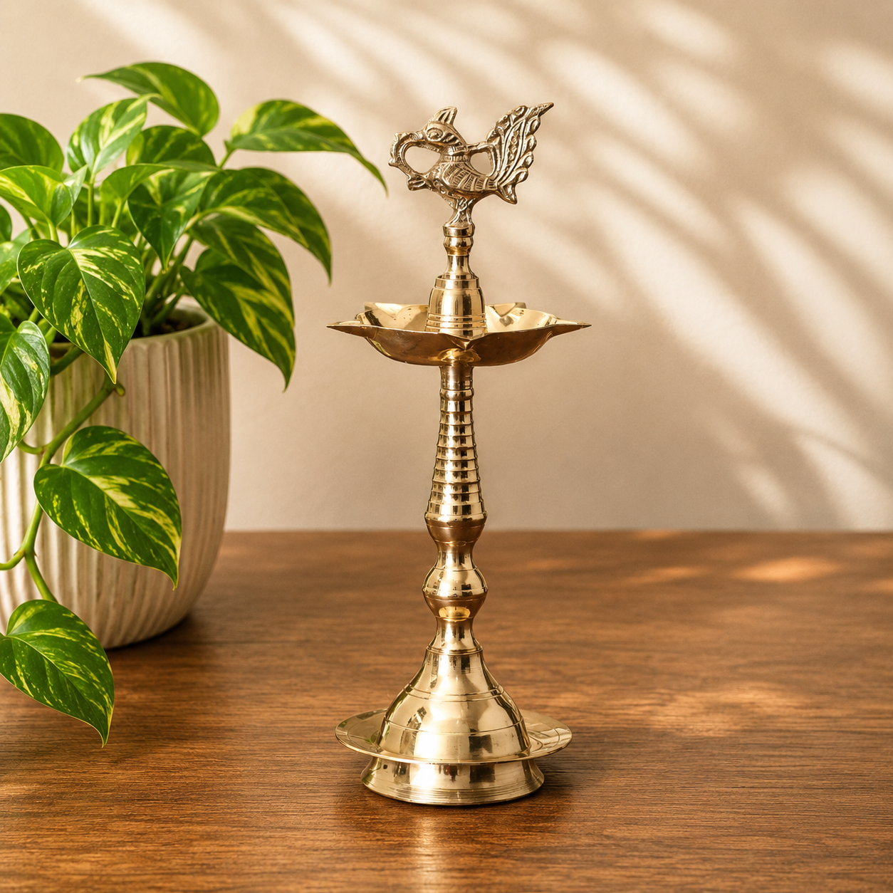 Brass Peacock Kerala Vilakku with 5 Faces for Pooja and Decoration