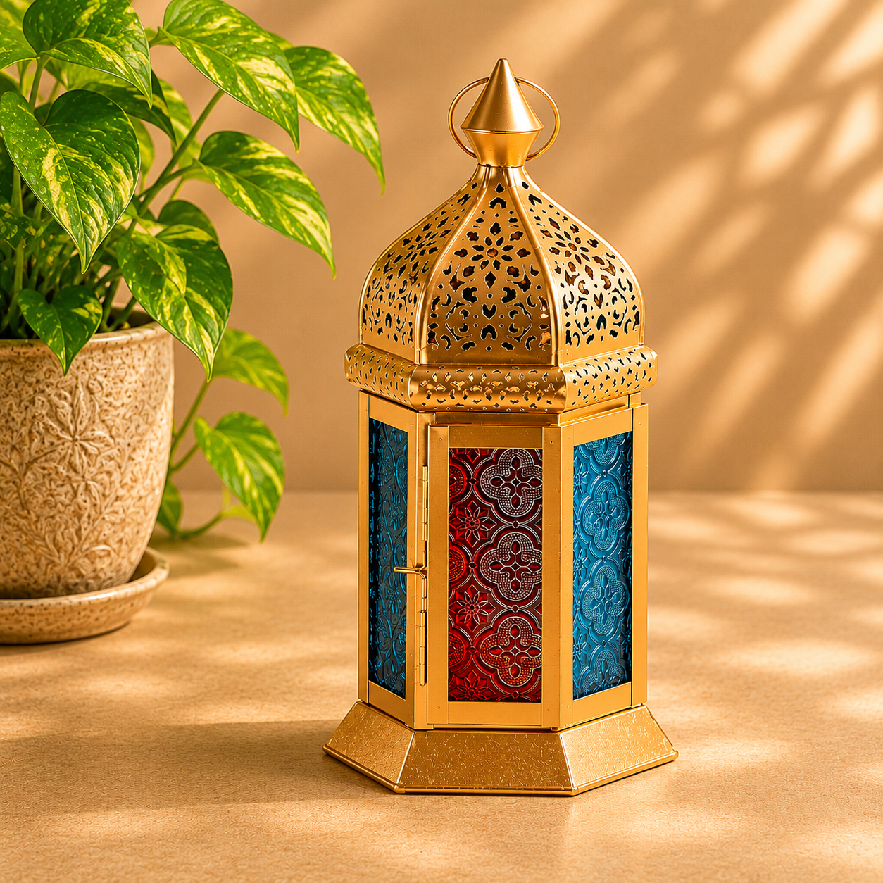 Metal Lantern 11 Inch Decorative Candle Holder with Glass Panels