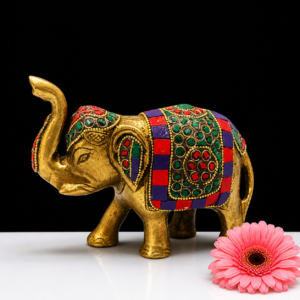 Handcrafted Brass Elephant Stone 5 Inch Decorative Idol for Pooja and Décor