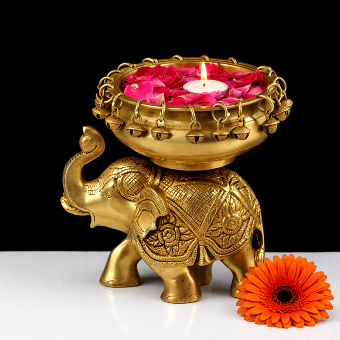 Brass Elephant Urli Bowl 7.5 Inch for Home Decor and Pooja