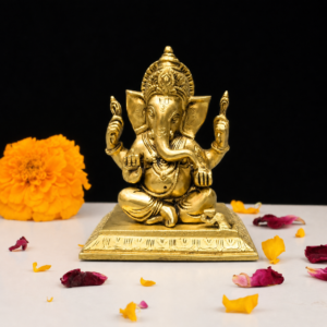 Handcrafted Brass Ganesh Sitting on Chowki 5 Inch Idol for Pooja and Décor