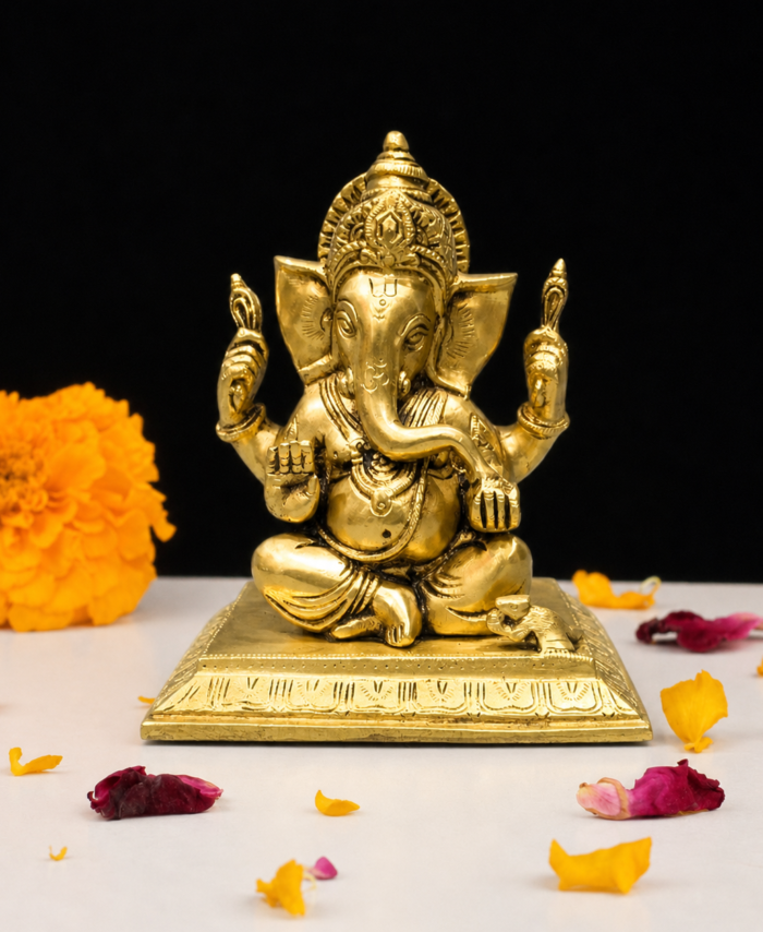 Handcrafted Brass Ganesh Sitting on Chowki 5 Inch Idol for Pooja and Décor
