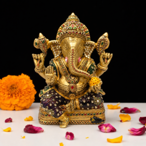Handcrafted Brass Ganesh Idol Sitting on Chowki with Stone Work – 7 Inch