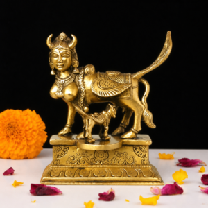 Brass Kamadhenu with Wings and Calf Handcrafted Sacred Cow Idol