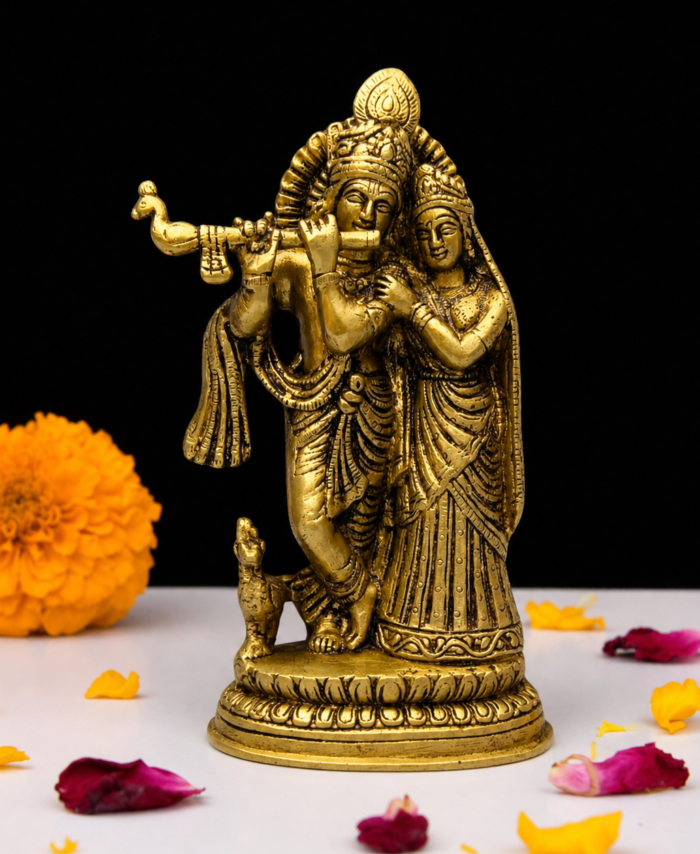 Pure Brass Radha Krishna Idol 9 Inch Handcrafted with Fine Detailing