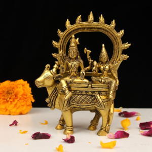 Brass Shiva Parvati Idol Sitting on Nandi – 7.75 Inch Brass Pooja & Decor Statue
