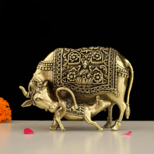 Premium Super Fine Brass Kamdhenu Cow with Calf Idol Showpiece Gold Finish