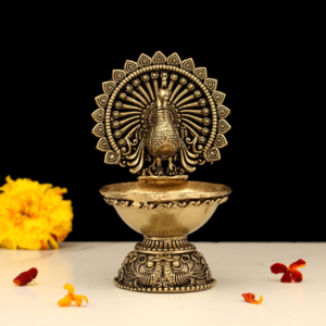 Premium Brass Peacock Deepak 4 Inch Traditional Oil Lamp for Pooja