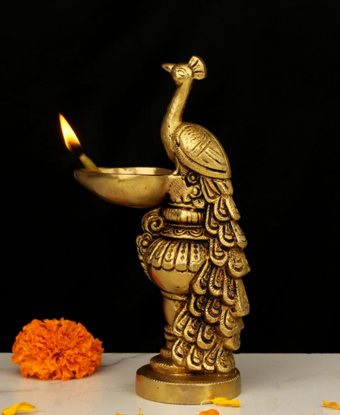 Brass Peacock Deepak 7 Inch Handcrafted Oil Lamp for Puja and Décor