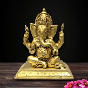 Handcrafted Brass Ganesh Sitting on Chowki 5 Inch Idol for Pooja and Décor