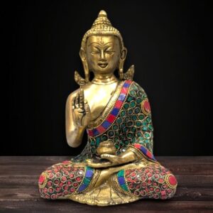 Handcrafted Brass Stone Buddha Sitting Idol 8 Inch for Meditation and Décor