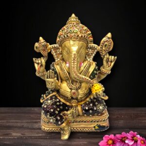 Handcrafted Brass Ganesh Idol Sitting on Chowki with Stone Work – 7 Inch