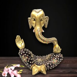 Handcrafted Brass Modern Ganesh Idol with Stone Work for Home Décor