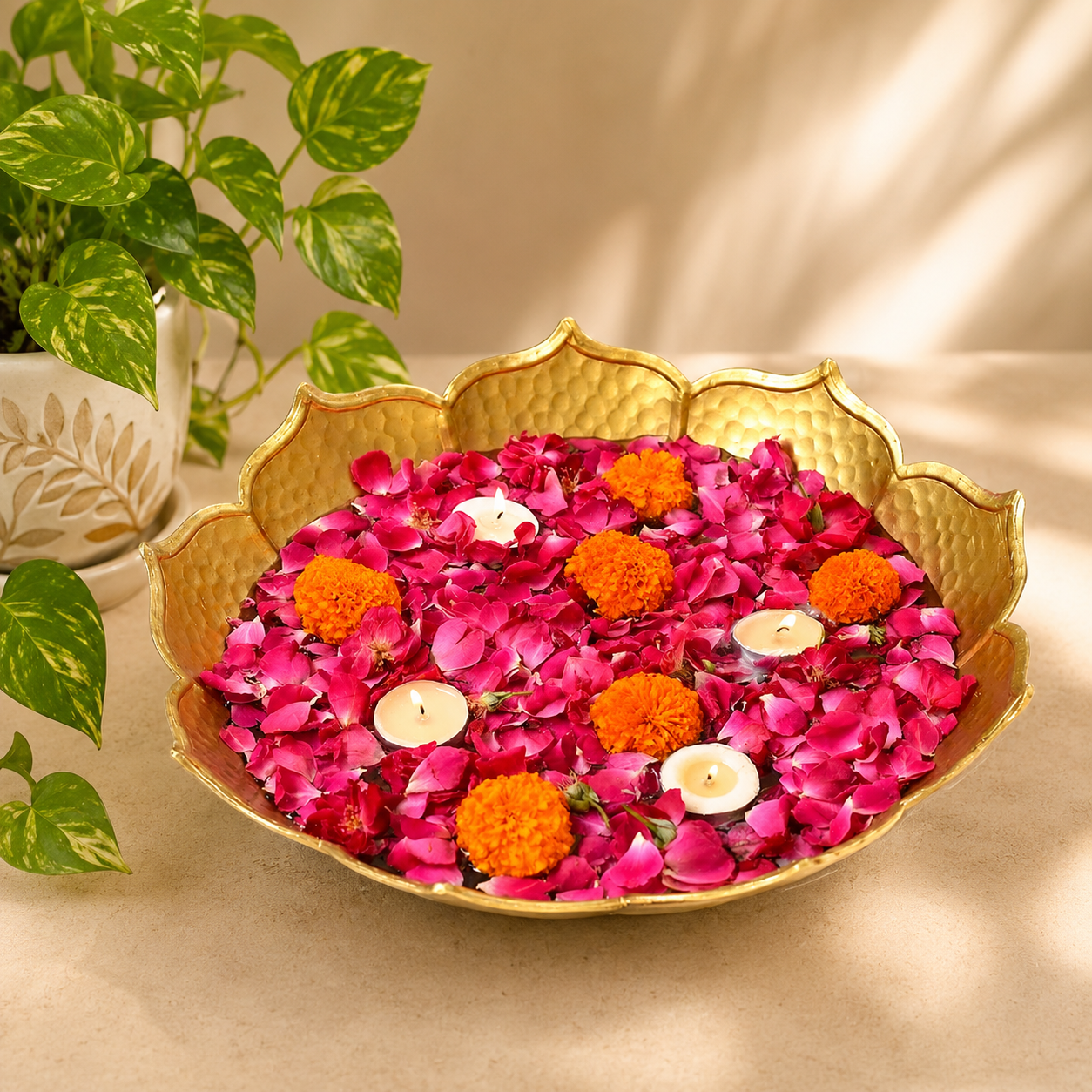 10 Inch Decorative Metal Urli Bowl for Floating Flowers and Candles