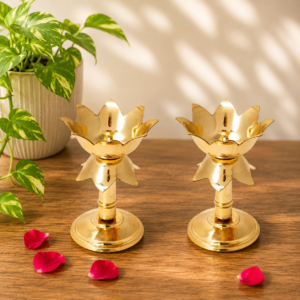 Cow Pure Brass Lotus Shape Pillar Stand Diya 4 Inch Set of 2 for Pooja and Temple Décor