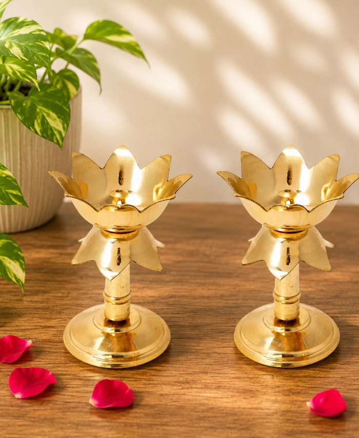 Cow Pure Brass Lotus Shape Pillar Stand Diya 4 Inch Set of 2 for Pooja and Temple Décor