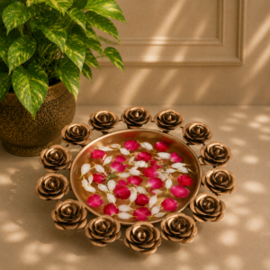 Rose Design Metal Urli Bowl 9 Inch for Floating Flowers and Home Decoration