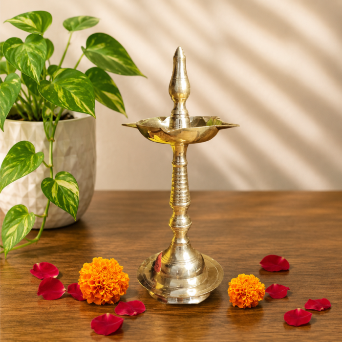 Pure Brass Kerala Lamp 8 Inch with 5 Face Diya for Pooja Room and Home Décor