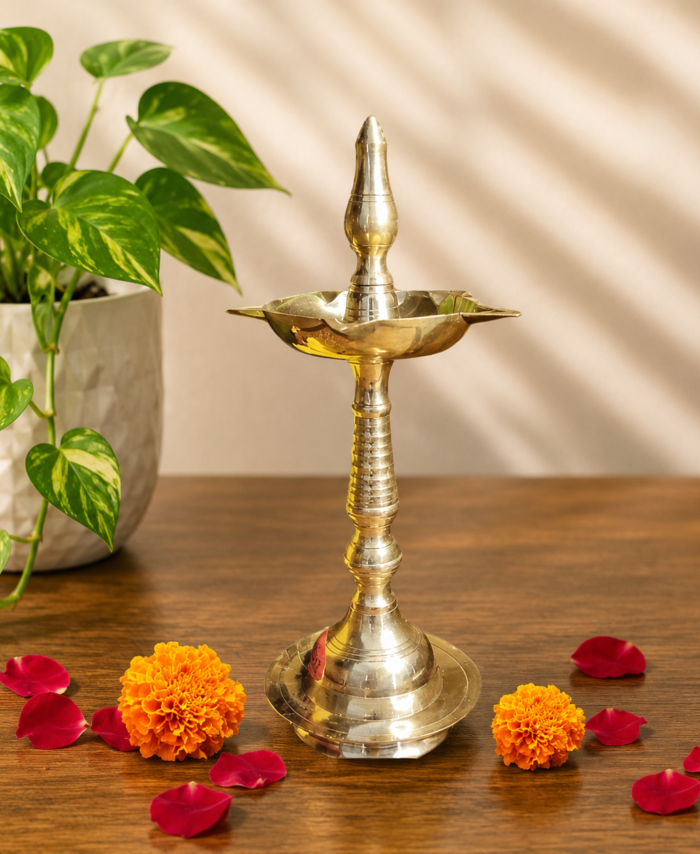 Pure Brass Kerala Lamp 8 Inch with 5 Face Diya for Pooja Room and Home Décor