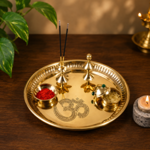 Om engraved pooja thali set 8 inch with diya, kumkum dabba, agarbatti holder and prasad bowl
