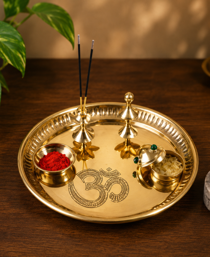 Om engraved pooja thali set 8 inch with diya, kumkum dabba, agarbatti holder and prasad bowl