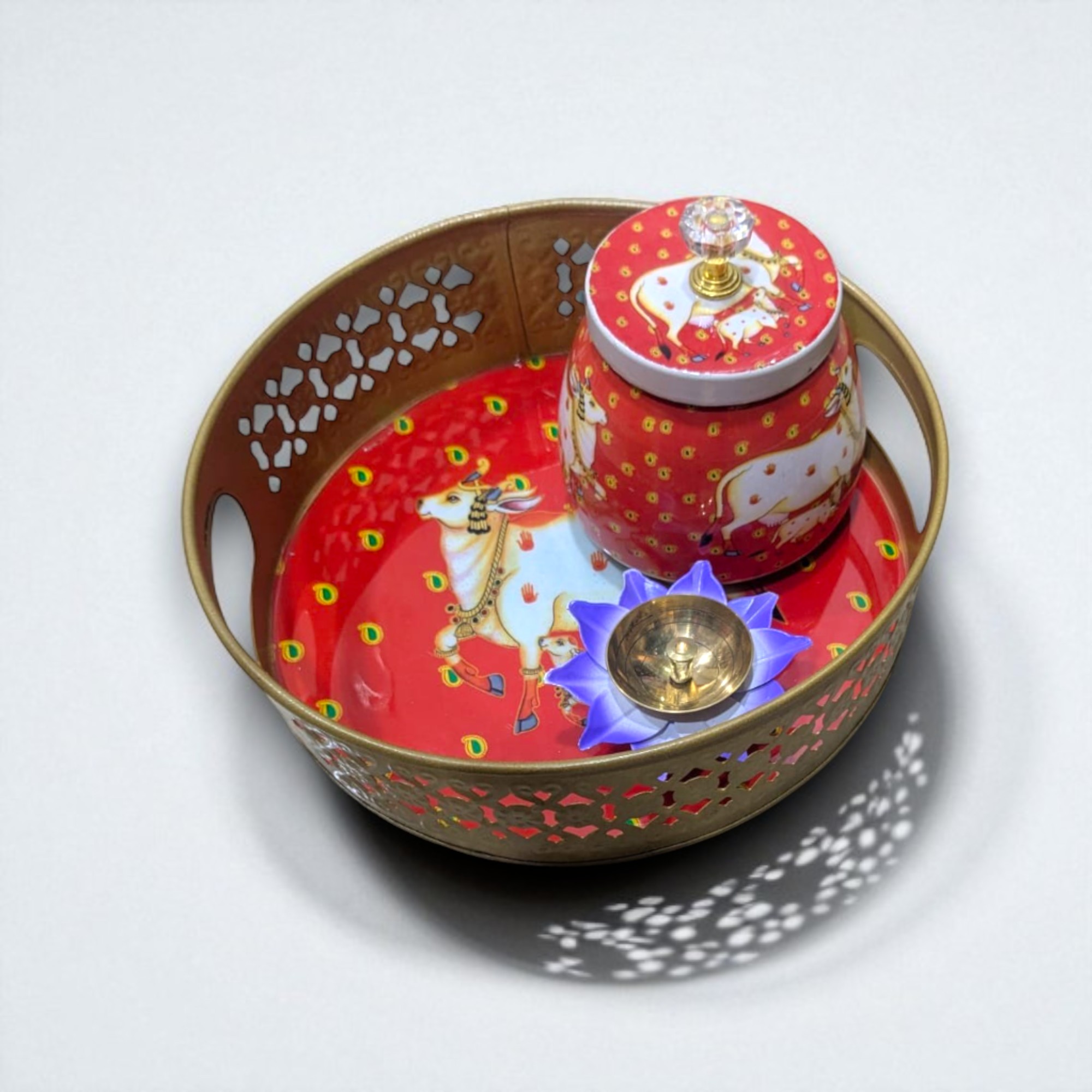 Cow Design Pichwai Tray with Decorative Jar and Diya in Red for Pooja and Festive Home Décor