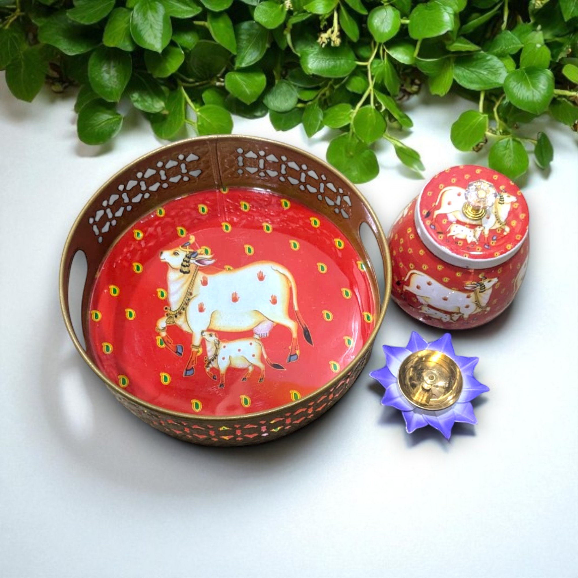 Cow Design Pichwai Tray with Decorative Jar and Diya in Red for Pooja and Festive Home Décor