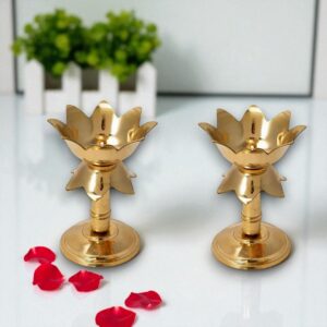 Cow Pure Brass Lotus Shape Pillar Stand Diya 4 Inch Set of 2 for Pooja and Temple Décor