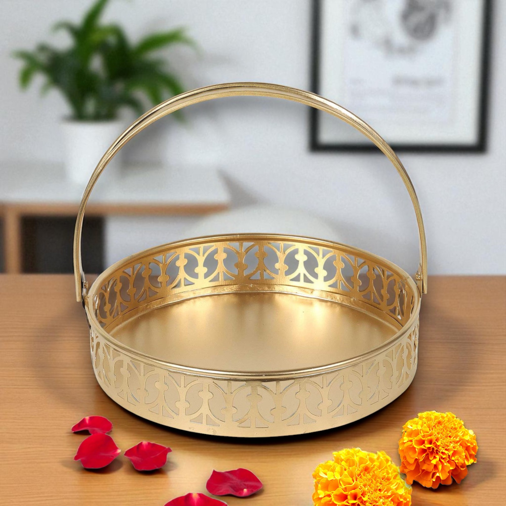 Metal Basket 10 Inch Multipurpose Round Basket with Handle for Kitchen and Dining