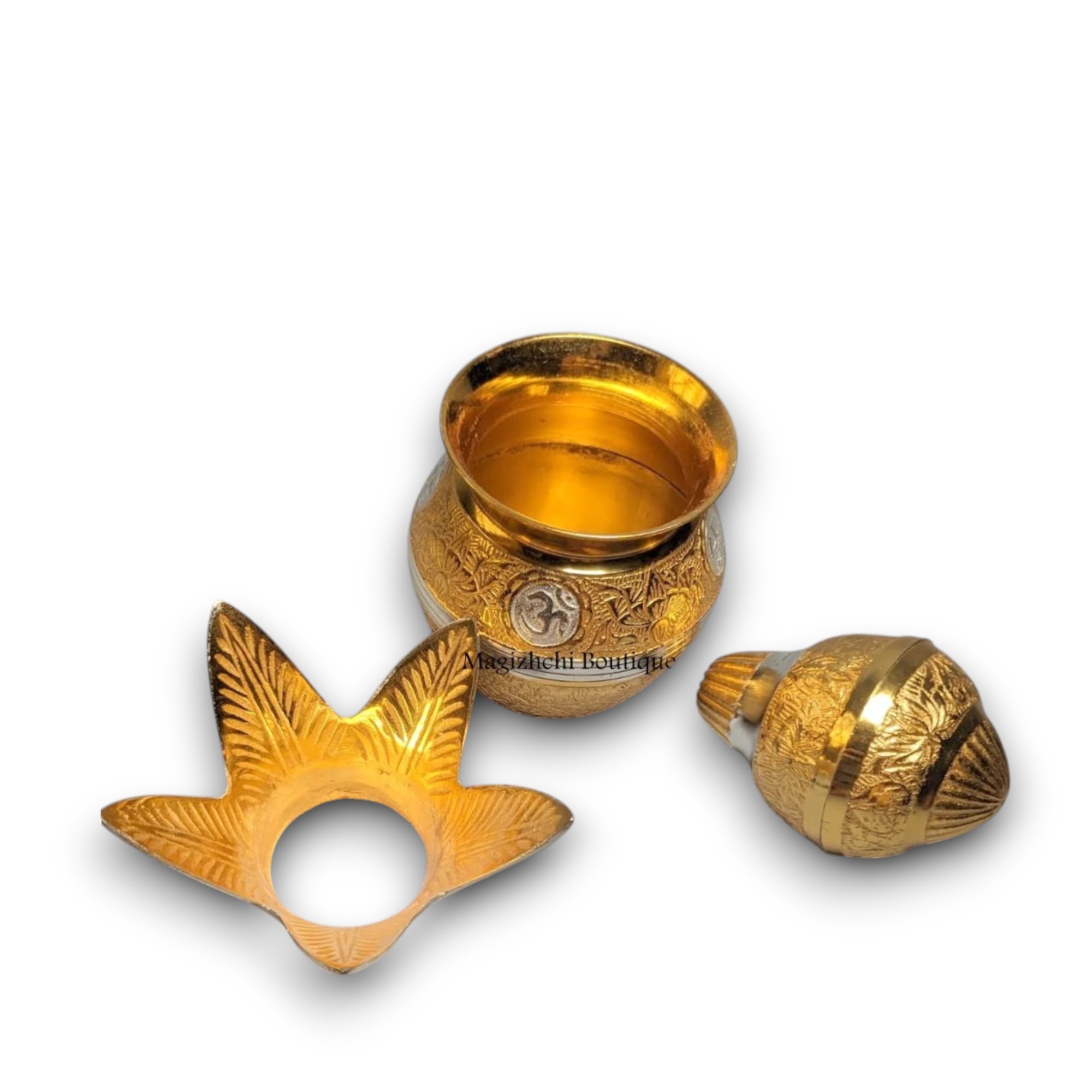 Pure Brass Polished Kalash 6 Inch with Silver Enamel Design and Decorative Leaf & Coconut