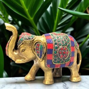Handcrafted Brass Elephant Stone 5 Inch Decorative Idol for Pooja and Décor