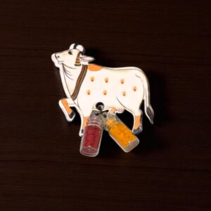 White Cow Fridge Magnet with Haldi Kumkum Bottles – Spiritual Return Gift
