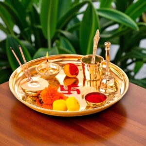 10 Inch Pooja Thali Set with Diya, Bell, Agarbatti Holder and Panchamrut Bowls