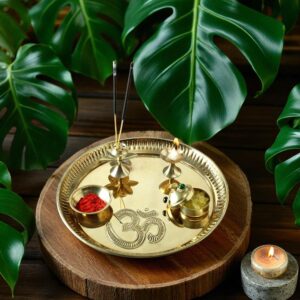 Om engraved pooja thali set 8 inch with diya, kumkum dabba, agarbatti holder and prasad bowl