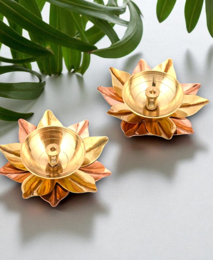 Copper gold lotus diya set of 2 – 3 inch pooja oil lamps